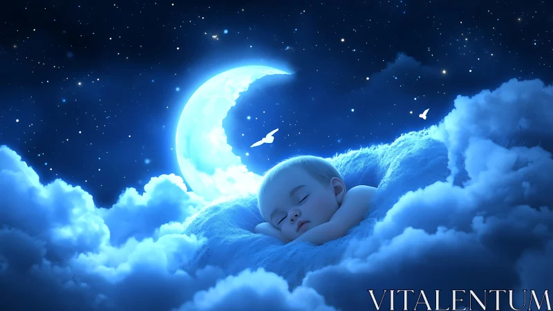 Dreamy moonlit baby cradled in soft clouds of night.