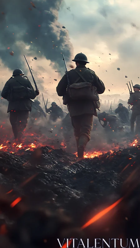 Infantry soldiers advance through burning battlefield terrain