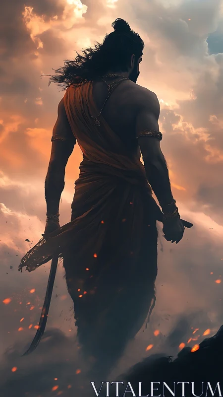 Warrior silhouette stands in glowing clouds with sword drawn