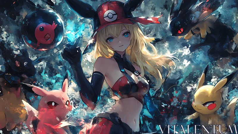 Dynamic anime trainer commanding electric creatures in storm.