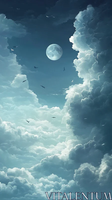 Moonlit clouds cradle a quiet sky full of wandering birds.