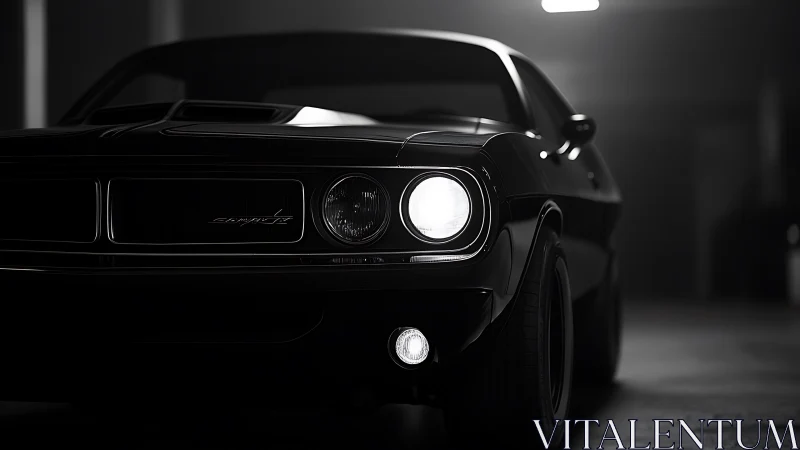 Midnight muscle car idles in moody monochrome garage light