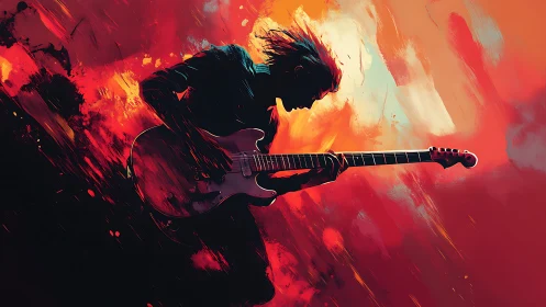 Silhouetted guitarist plays electric instrument amid red streaks