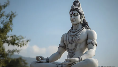 Large outdoor stone statue of seated meditative figure.