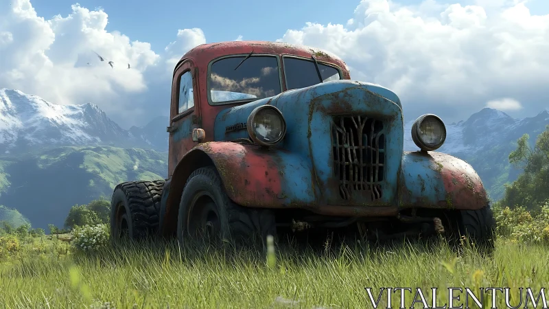Weathered blue truck rests quietly in a bright mountain meadow