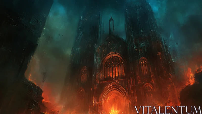 Gothic Cathedral Structure Engulfed in Flames