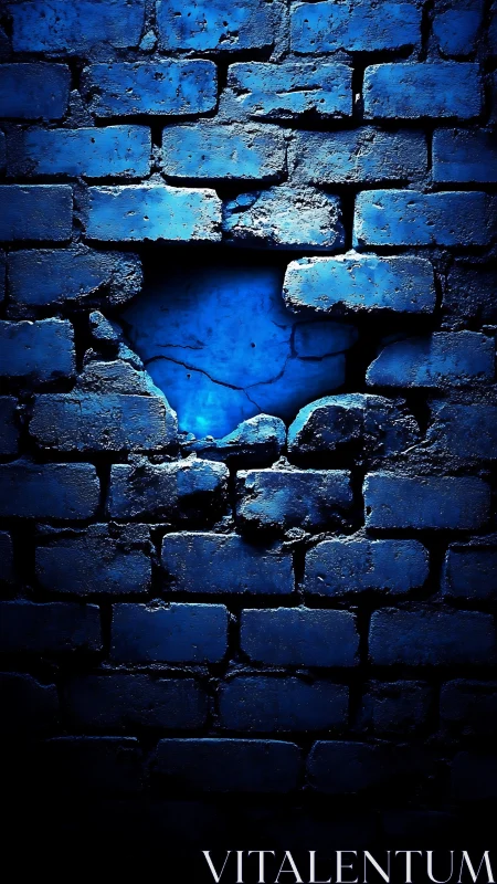 Blue brick wall surface shows central damaged opening area