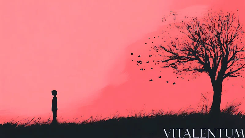 Lonely silhouette watches a quiet tree against soft pink sky