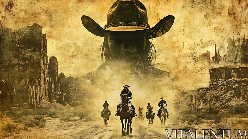 Cowboy riders cross desert under looming hat silhouette.