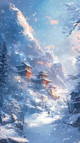 Digital painting of snowbound mountain temples in diffuse light.