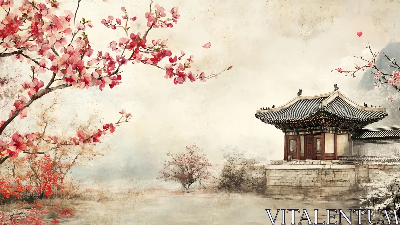 Serene cherry blossoms frame a tranquil lakeside temple scene.