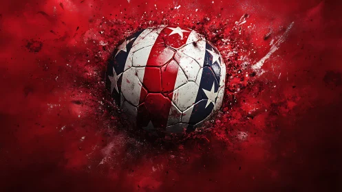 Soccer ball with United States flag design on red field.