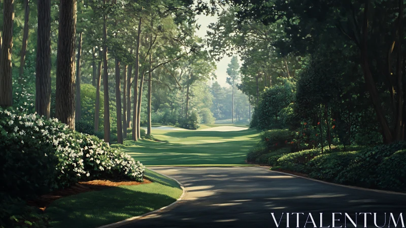 Morning fairway hush turns a forest-lined golf path luminous