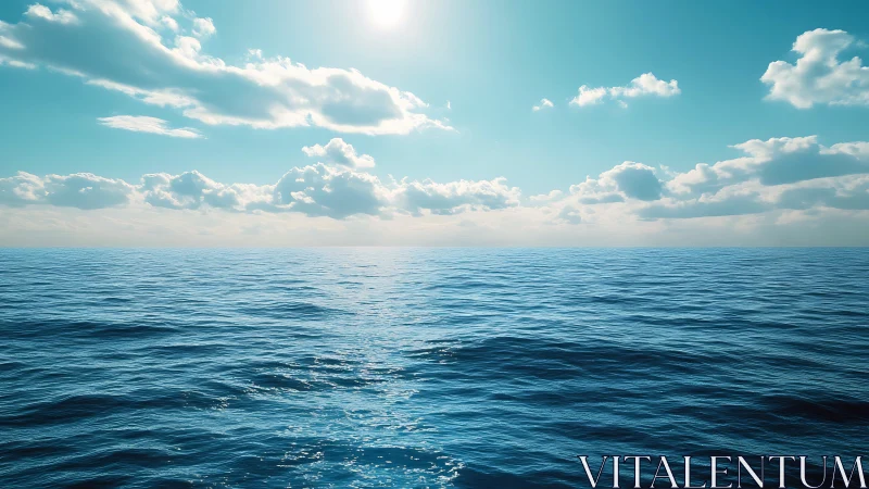 Sunlit ocean horizon extends under scattered cumulus clouds