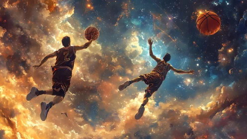Basketball players in cosmic sky environment with glowing clouds.