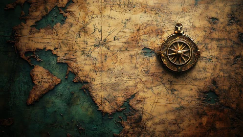 Antique brass compass on distressed vintage world map surface