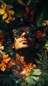 Sun-drenched dreamer drifting in neon tropical bloomscape.