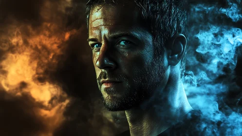 Moody male portrait with dramatic orange and blue smoke.