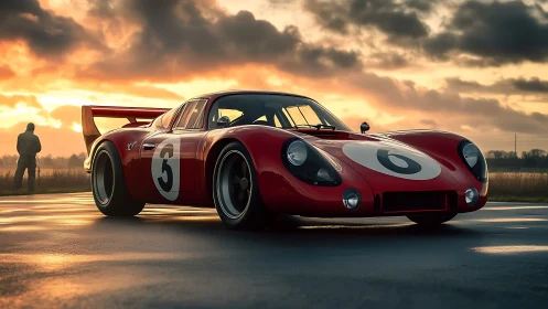 Vintage red race car glows against dramatic sunset sky.