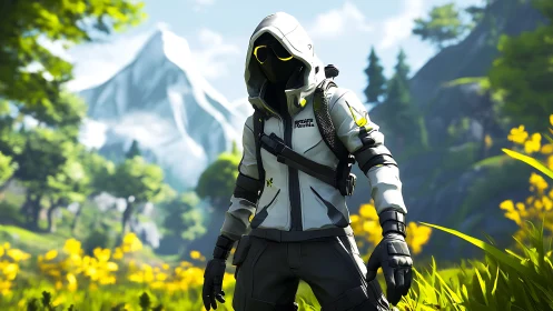 Hooded masked figure in tactical gear in bright valley