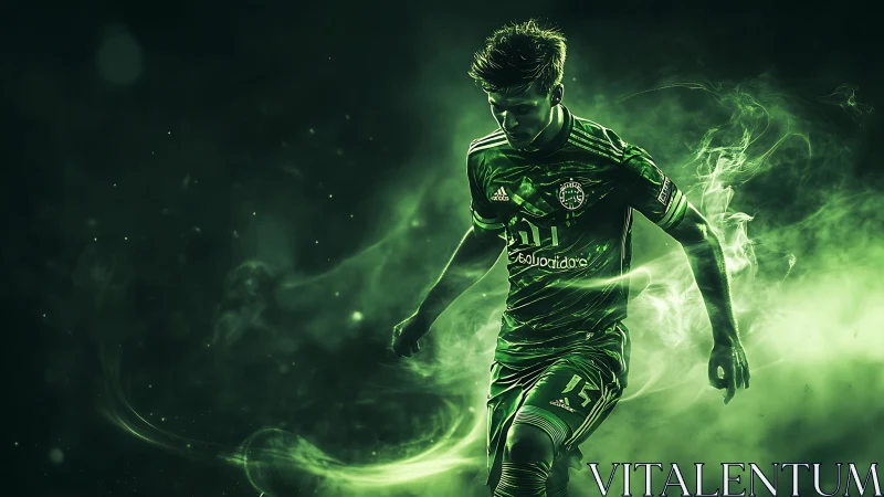 Dynamic green-lit footballer in motion with swirling vapor trails