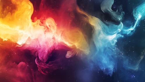 Nebula-like color clouds merge across deep cosmic space