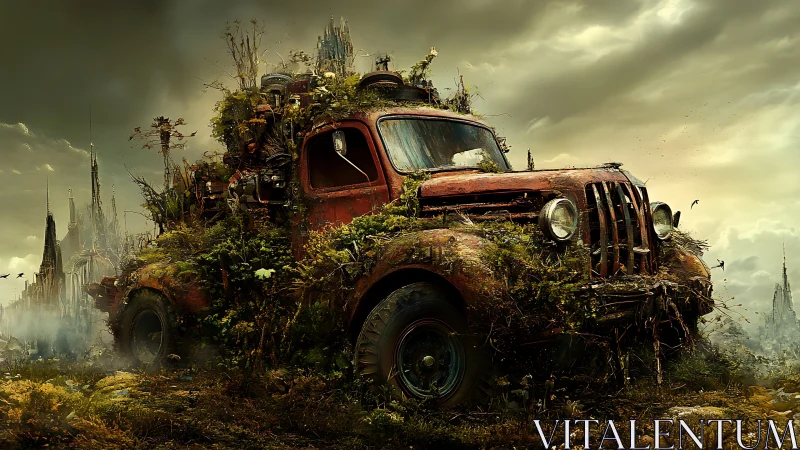 Overgrown rusted truck becomes a post apocalyptic garden.