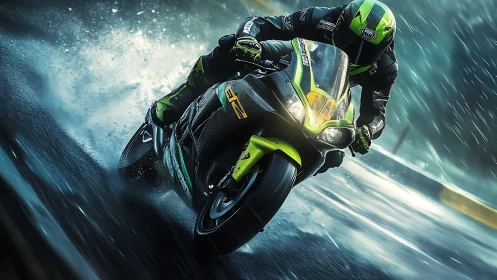 Racing motorcycle leaning hard into wet track corner at speed.