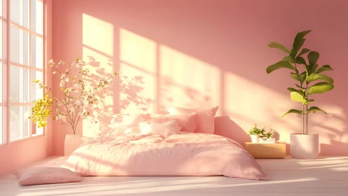 Sunlit blush bedroom cocoon with dreamy plants and shadows.