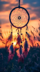 Sunset dreamcatcher cradles ember light in drifting feathers