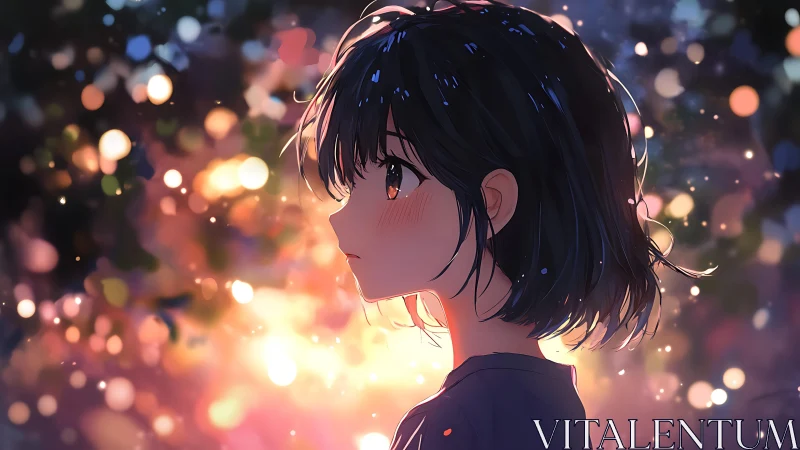 Side-lit anime girl amid glowing bokeh dusk background.