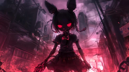 Demonic anime girl strides through a burning cyberpunk ruin