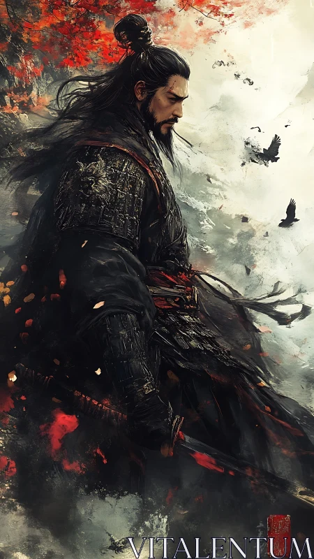 Side-lit samurai warrior in textured lamellar armor amid red leaves