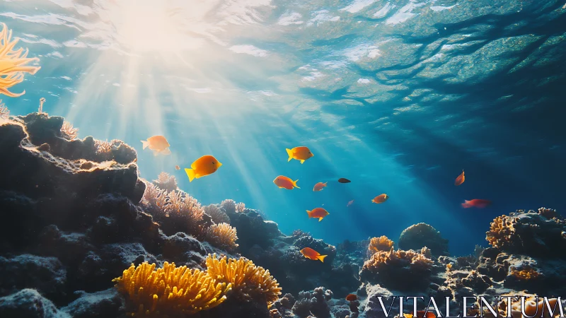Sunlit coral reef with volumetric caustics and schooling reef fish