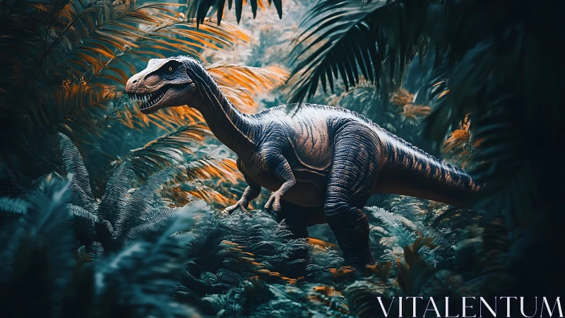 Predatory dinosaur moves through dense neon jungle foliage