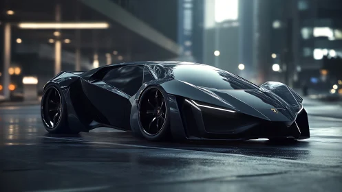Futuristic black hypercar under city lights at night.