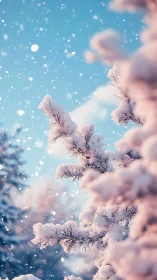 Snowy evergreen branches glowing under a gentle winter sky.