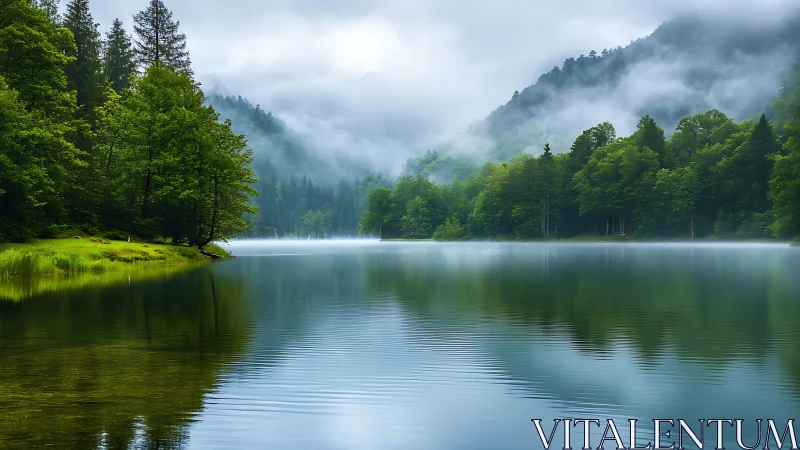 Foggy forest lake with calm reflective water surface.