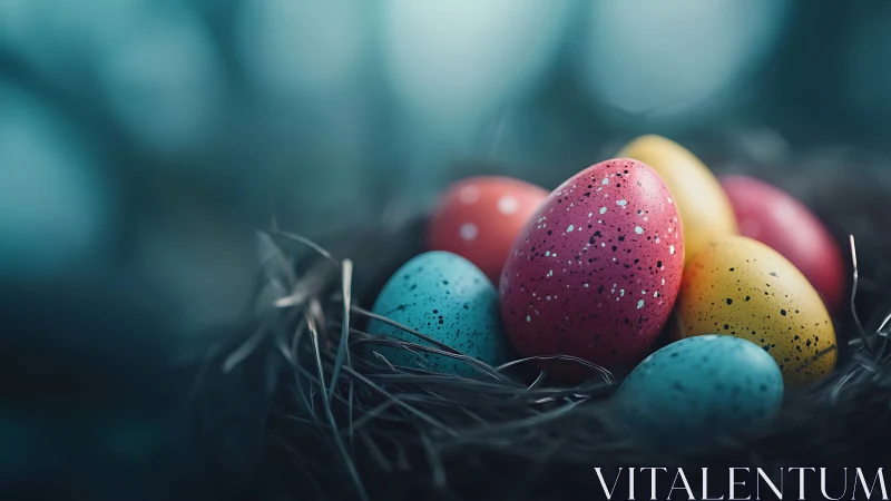 Speckled pastel eggs arranged in soft-focus forest nest.