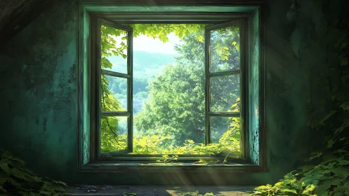 Sunlit forest view through a quiet ivy covered window.