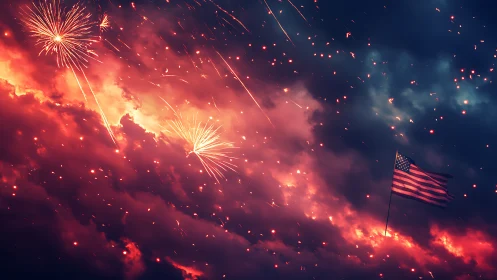 U.S. flag silhouettes against dense fireworks plume and glowing cloud deck