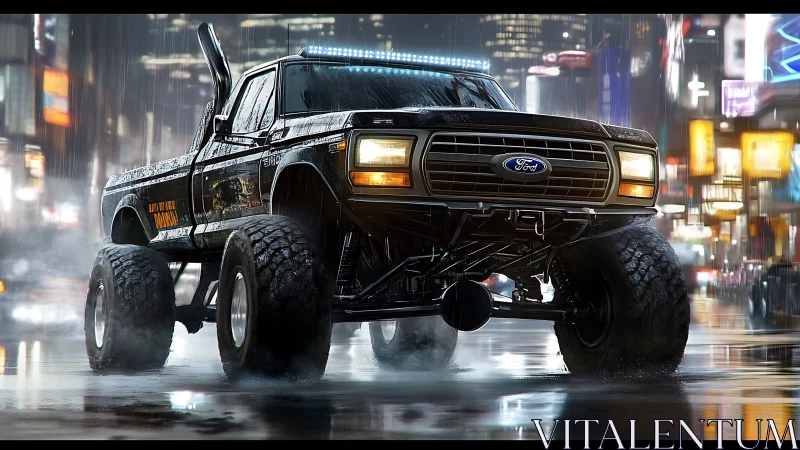 Lifted Ford monster truck in wet neon city street scene.