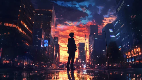 Solitary silhouette beneath neon towers at burning dusk.