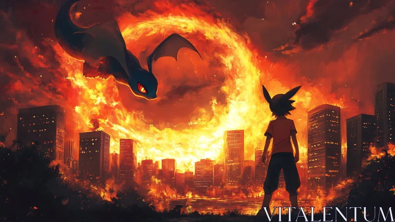 Incandescent fire vortex engulfs skyline as winged creature confronts silhouetted boy