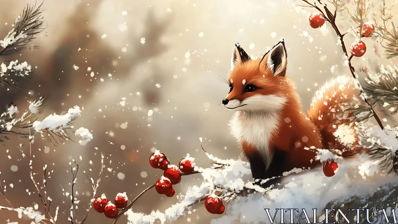 Snow-bright fox prince among crimson winter berries.