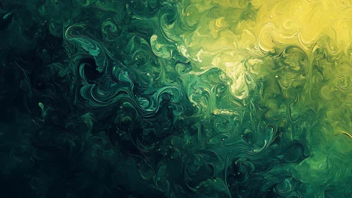Turbulent emerald pigment field under luminous yellow gradient.