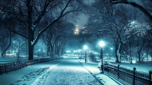 Nocturnal winter park corridor under cyan spectral lighting.