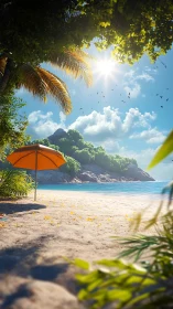 Tropical Paradise Beach with Orange Umbrella Under Palm Canopy