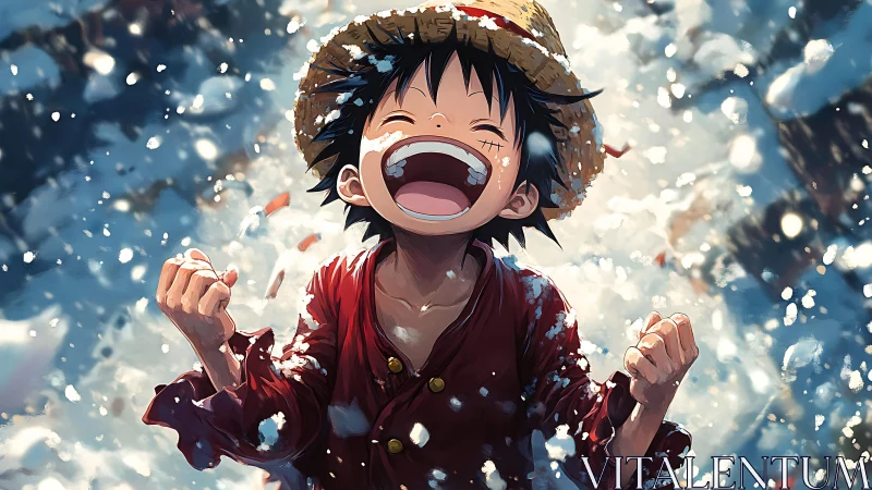 Joyful straw-hat boy exulting amid swirling bright snowflakes.