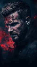 Battle-hardened warrior in dramatic red and blue haze.